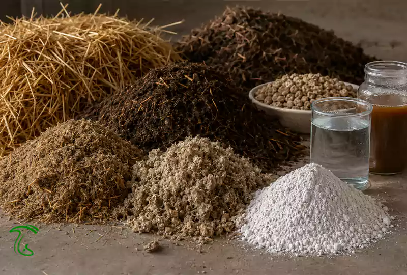 آنالیز مواد اولیه کمپوست قارچ دکمهای شامل کاه، کود، گچ و آب