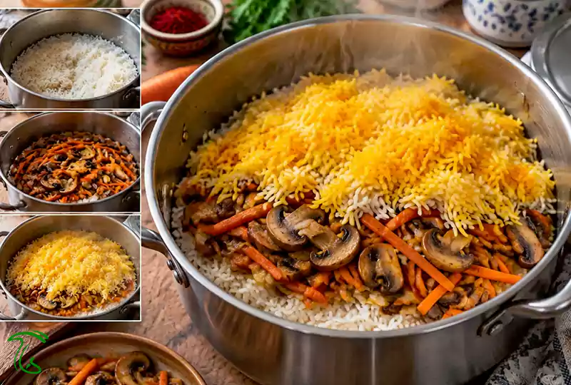 لایهبندی برنج آبکششده و مایه هویج و قارچ در قابلمه، با زعفران پاشیدهشده روی لایه بالایی