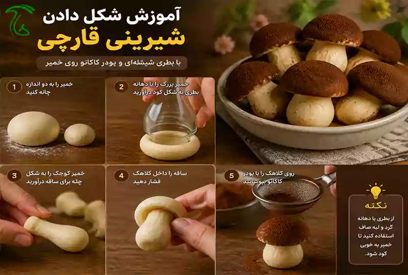 آموزش شکل دادن شیرینی قارچی با بطری شیشهای و پودر کاکائو روی خمیر