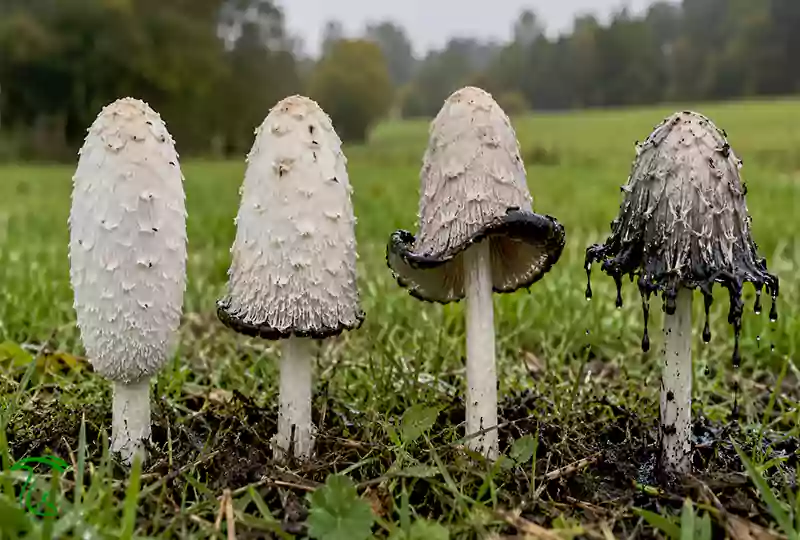 زیستگاه قارچ ژولیده Coprinus comatus در چمنزار و مراحل جوهریشدن کلاهک