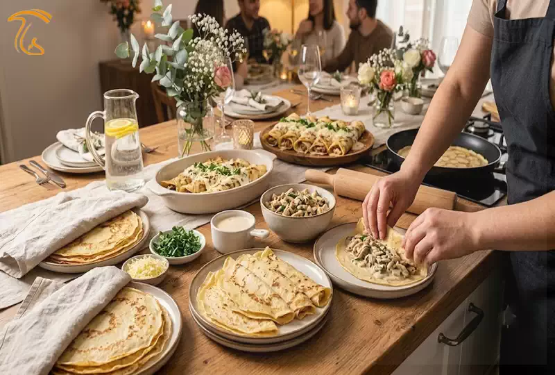 چیدمان مرحلهای و آمادهسازی کرپ مرغ و قارچ برای مهمانی و پذیرایی مجلسی