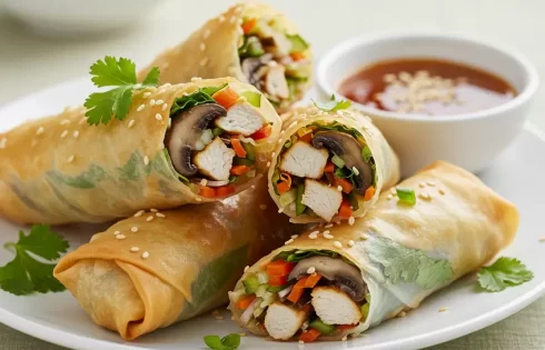 طرز تهیه اسپرینگ رول قارچ و مرغ با پنیر خامه ای