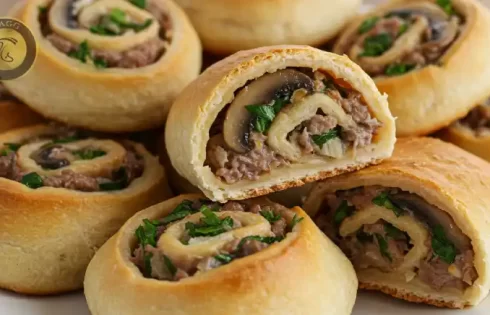 عکسی از طرز تهیه رولت گوشت چرخ کرده و قارچ که با خمیر دست ساز خانگی یا خمیر آماده هزارلا درست شده است. با یک طرز تهیه رولت گوشت رستورانی همراه ما باشید.