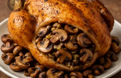 طرز تهیه مرغ شکم پر با قارچ در فر یا قابلمه