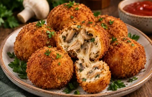 کراکت مرغ و قارچ سوخاری با مغز پنیر و قارچ، سرو شده به‌صورت فینگرفود ترد و طلایی