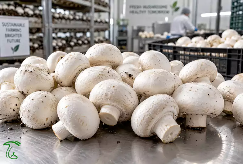 کارگران در حال انتقال ملایم قارچ تازه از سالن به سردخانه با سبدهای تهویهدار