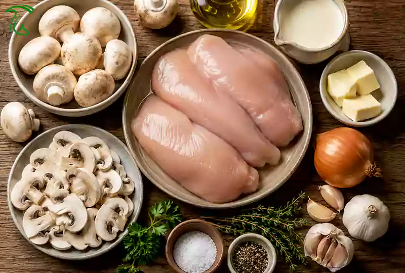 مواد لازم برای مرغ خامهای با قارچ