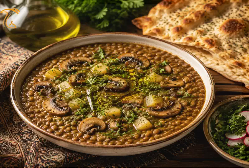 ظرف عدسی با قارچ آماده سرو با تزئین سبزیجات معطر و روغن زیتون