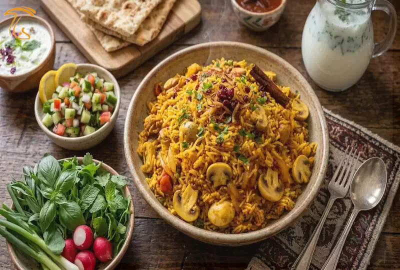سرو استانبولی پلو با قارچ در کنار سالاد شیرازی و سبزی خوردن