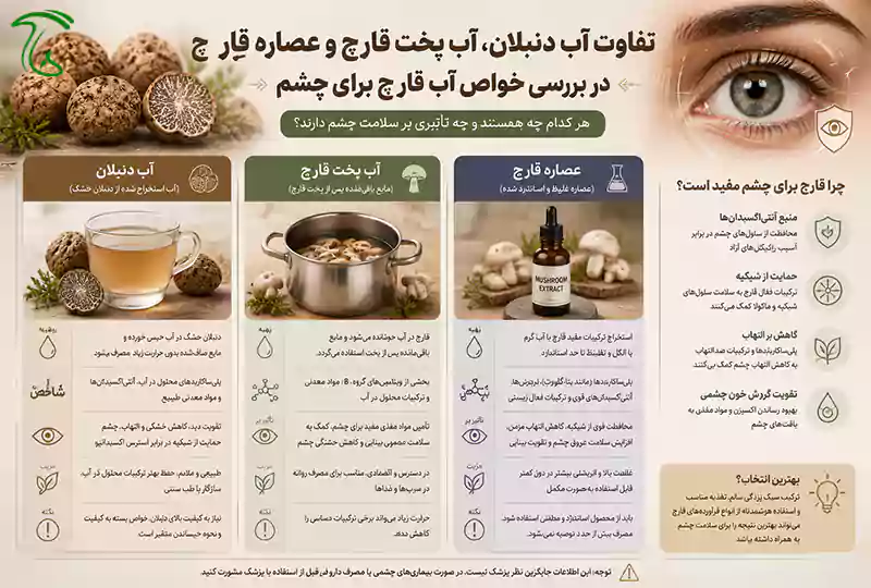 تفاوت آب دنبلان، آب پخت قارچ و عصاره قارچ در بررسی خواص آب قارچ برای چشم