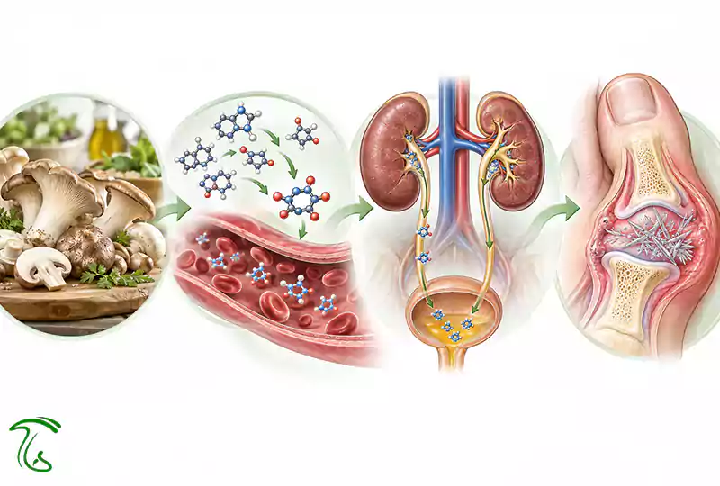 فرایند تبدیل پورین به اسید اوریک و تشکیل کریستال اورات در نقرس