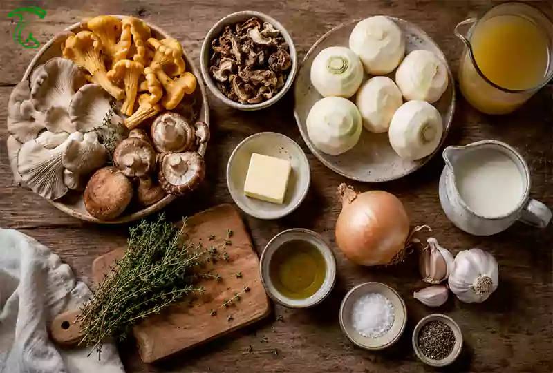 مواد لازم برای تهیه سوپ شلغم و قارچ وحشی با قارچ تازه و خشک