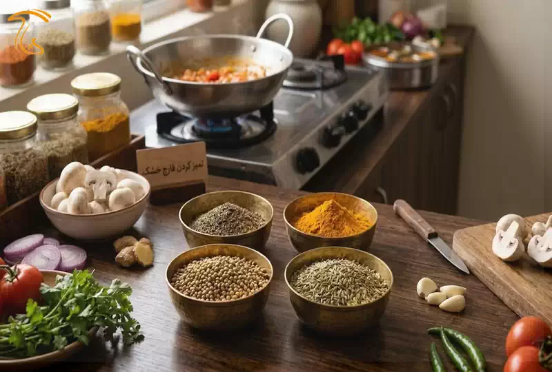 ادویههای اصلی خوراک هندی با قارچ شامل فلفل سیاه، زردچوبه، گشنیز و رازیانه