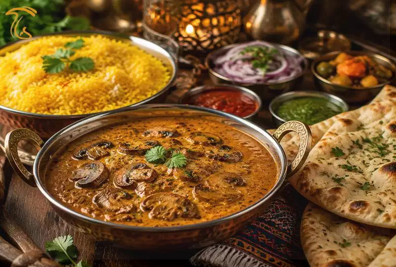 خوراک هندی با قارچ سرو شده با نان روتی و برنج ایرانی