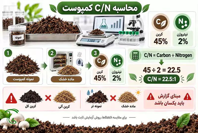 اینفوگرافیک محاسبه نسبت C/N کمپوست با ۴۵ درصد کربن و ۲ درصد نیتروژن