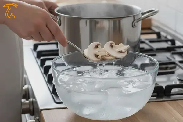 شوک حرارتی به قارچ با آب یخ برای حفظ بافت و سفیدی