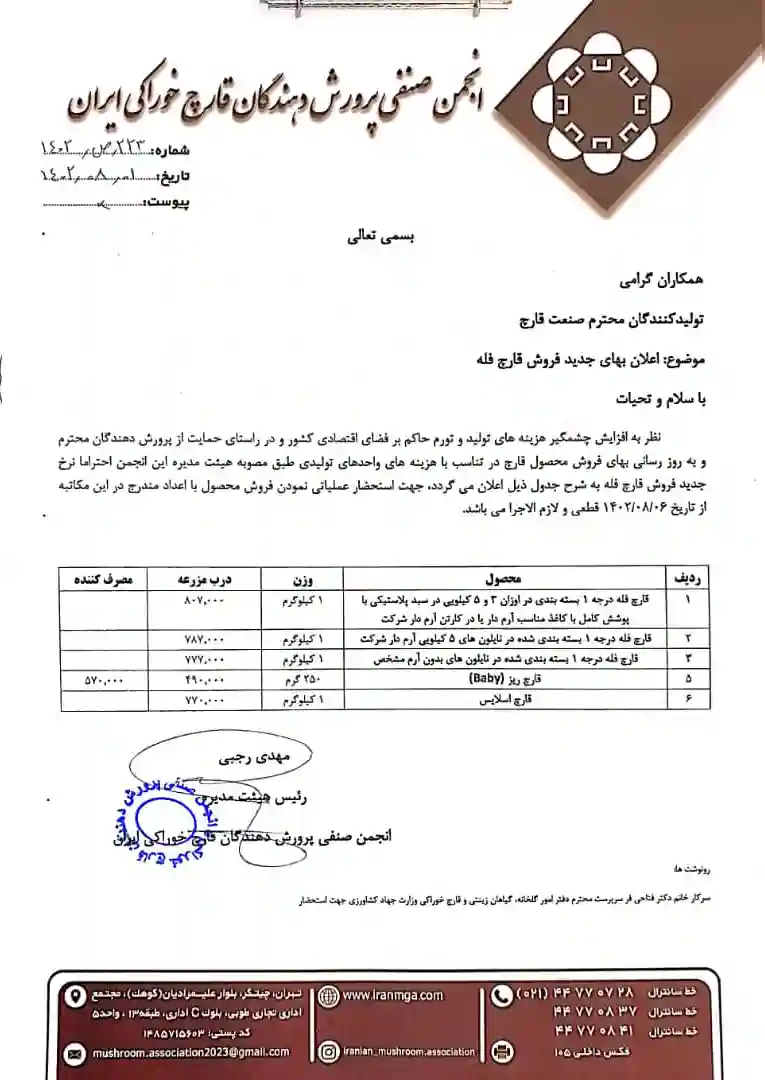 اطلاعیه انجمن صنفی پرورش دهندگان قارچ برای اعلان قیمت قارچ فله