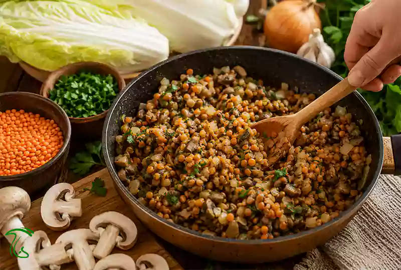 تهیه مایه دلمه کلم چینی با قارچ و دال عدس