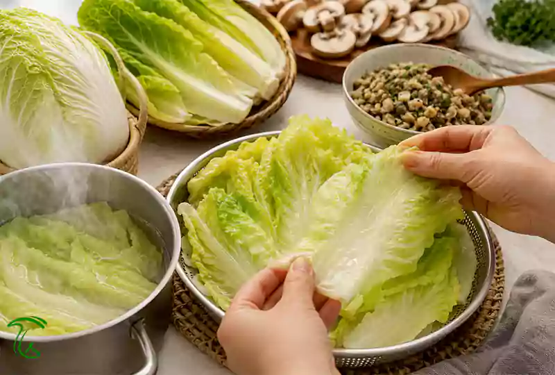 آماده کردن برگ کلم یا کاهو چینی برای دلمه قارچ