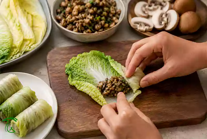 روش پیچیدن دلمه کلم چینی و کاهو چینی با قارچ