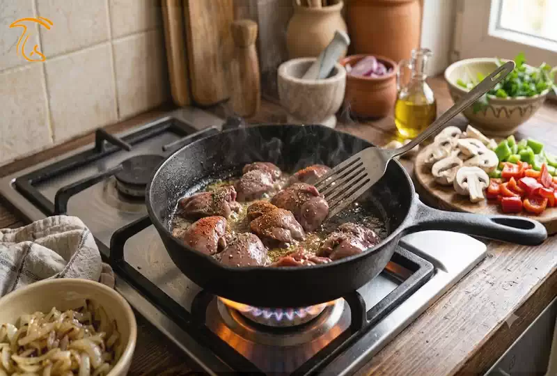 تفت دادن جگر مرغ در تابه برای تهیه خوراک جگر مرغ نرم و خوشطعم