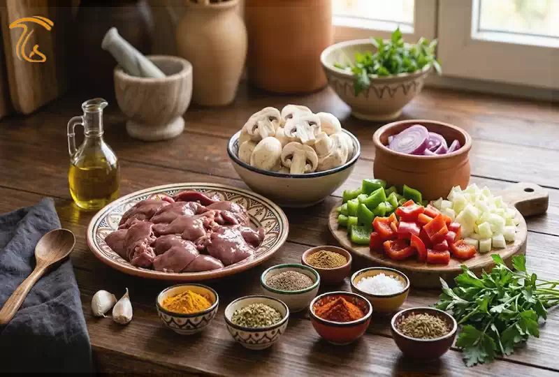 مواد لازم برای تهیه خوراک جگر مرغ با قارچ شامل جگر مرغ، قارچ، پیاز، فلفل دلمهای و ادویهها
