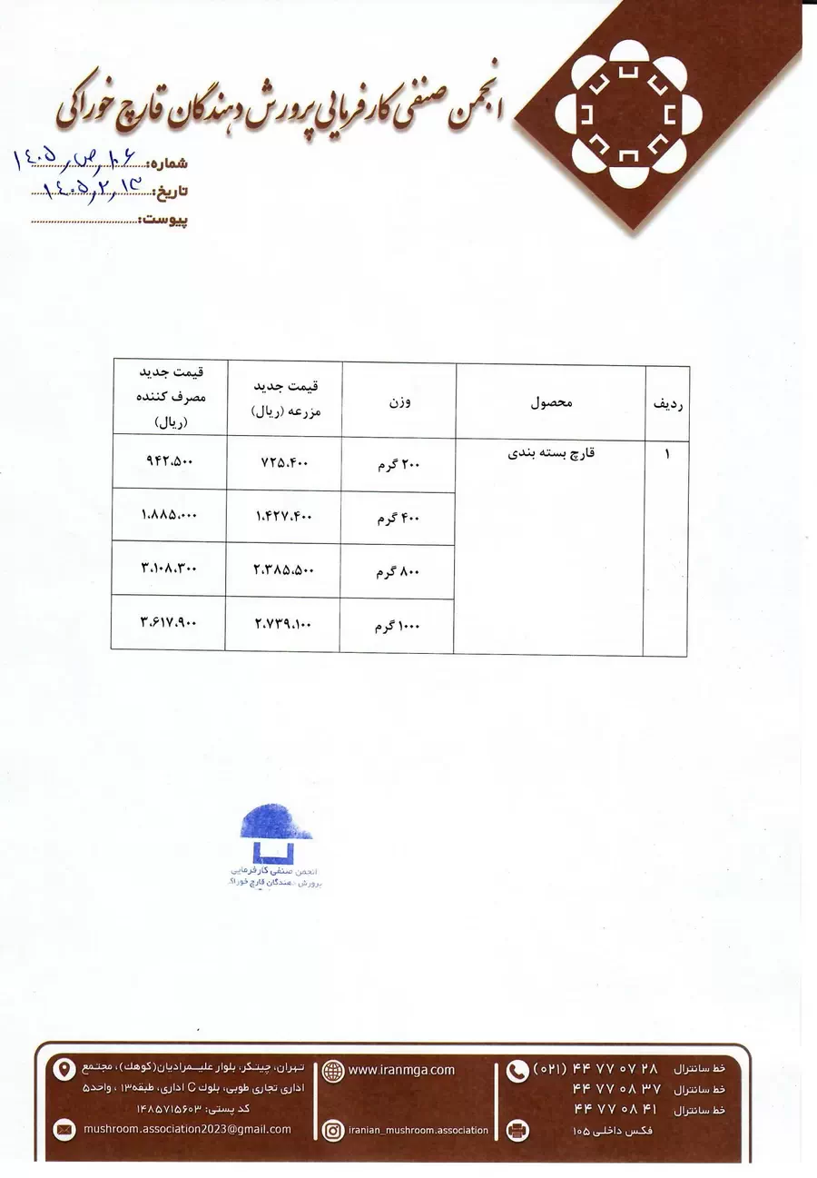 اطلاعیه نرخ جدید فروش قارچ بسته بندی در سال 1405 - صفحه 2