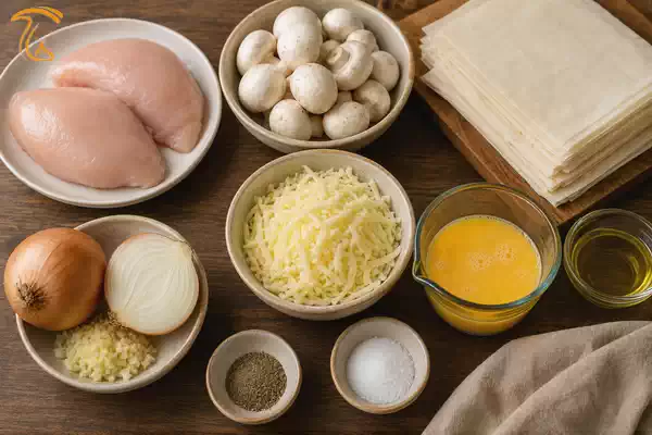 مواد لازم بورک مرغ و قارچ شامل سینه مرغ، قارچ دکمهای، پیاز، سیر، پنیر موزارلا، یوفکا و رومال آماده»