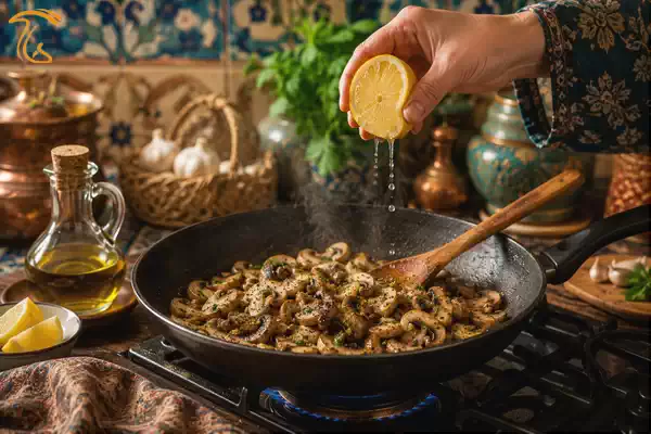 پخت قارچ با حرارت ملایم در تابه همراه با روغن زیتون و افزودن آبلیمو در پایان برای حفظ ارزش غذایی