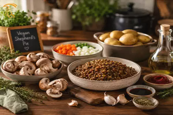 چیدمان مواد روی میز (قارچ کرمینی، عدس پخته، سیبزمینی، سبزیجات)