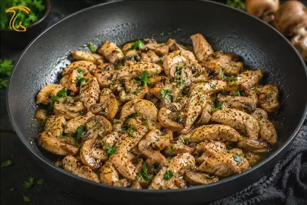 ترکیب مرغ و قارچ تفت داده شده در مرحله نهایی پخت