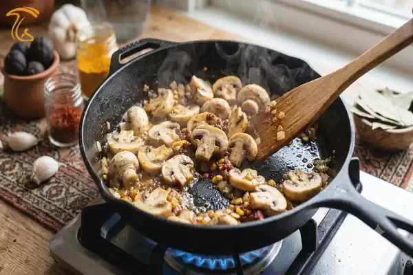 تفت دادن قارچ برای قیمه قارچ وگن در تابه داغ