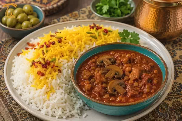 خورش قیمه قارچ وگن سرو شده با برنج ایرانی