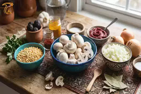 مواد اولیه خورش قیمه قارچ شامل قارچ دکمهای، لپه، پیاز و رب گوجه