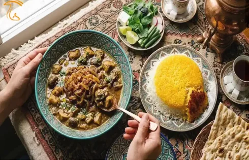 دوپیازه دمبل کوهی با قارچ خوراکی و پیاز کاراملی شده