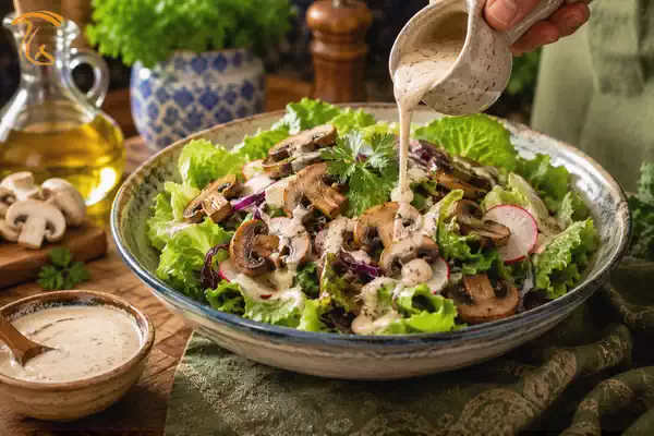 مونتاژ نهایی سالاد قارچ و کاهو رژیمی با سس اختصاصی و حفظ تردی برگها