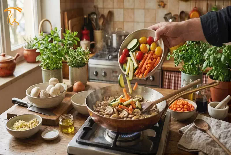 افزودن سبزیجات به تابه قارچ بر اساس ترتیب پخت و حفظ بافت