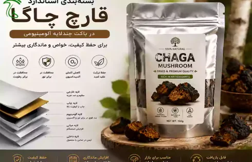 بسته‌بندی استاندارد قارچ چاگا خشک در پاکت چندلایه آلومینیومی برای حفظ کیفیت و ماندگاری