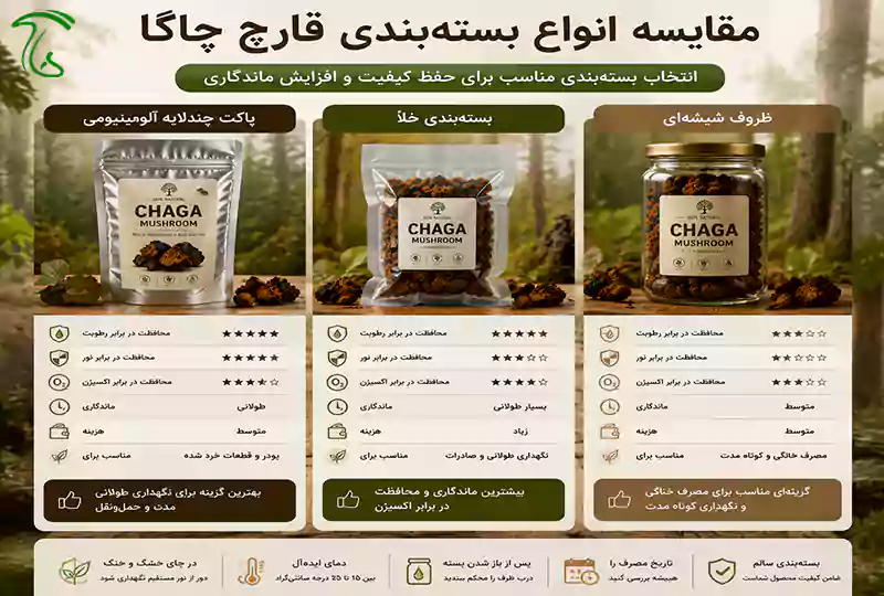 مقایسه انواع بستهبندی قارچ چاگا شامل پاکت چندلایه، بستهبندی خلأ و ظروف شیشهای