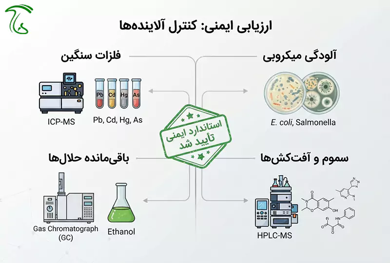 ینفوگرافیک آزمونهای ایمنی محصول گانودرما شامل فلزات سنگین، آلودگی میکروبی، باقیمانده حلال و سموم کشاورزی