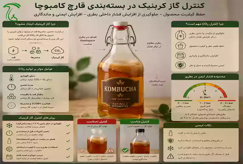 کنترل دیاکسیدکربن در بستهبندی کامبوچا برای حفظ کیفیت و جلوگیری از افزایش فشار داخلی بطری