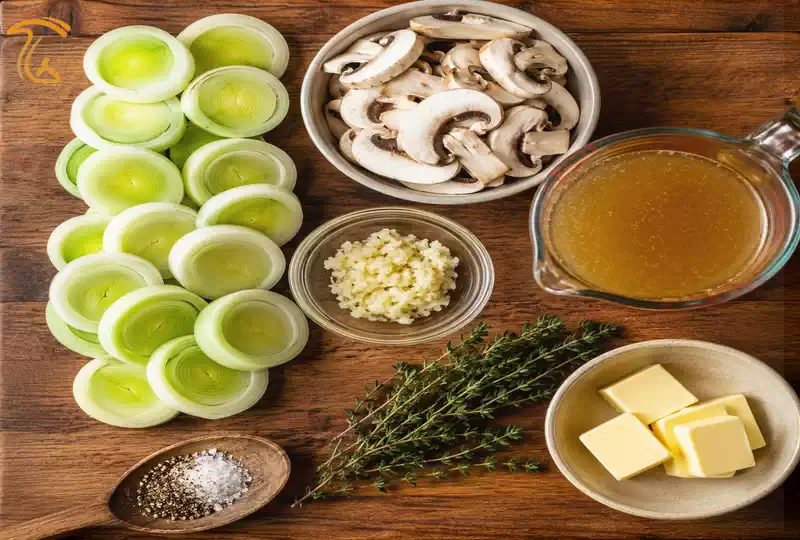 مواد اولیه تازه سوپ تره فرنگی و قارچ روی تخته چوبی آشپزخانه