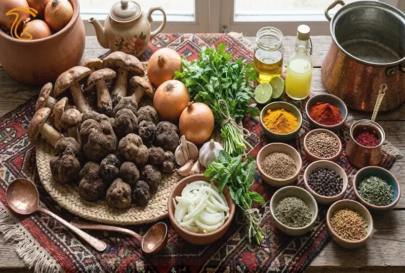 مواد اولیه دوپیازه دمبل کوهی شامل قارچ، پیاز، ادویه و چاشنیهای مورد نیاز برای تهیه غذای سنتی ایرانی