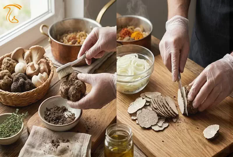 آمادهسازی قارچ دمبل کوهی برای پخت دوپیازه با تمیز کردن و برش اصولی قارچ خوراکی