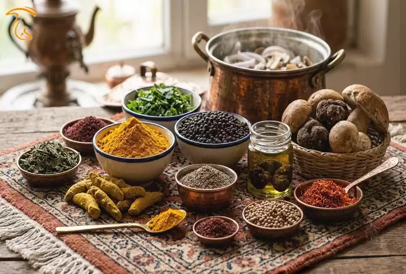 ادویههای مناسب دوپیازه دمبل کوهی شامل زردچوبه، فلفل سیاه و چاشنیهای تکمیلکننده طعم قارچ