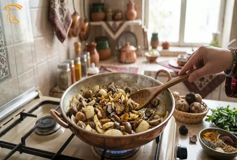 تفت اصولی قارچ دنبلان کوهی در فضای کافی برای جلوگیری از بخارپز شدن و حفظ بافت قارچ