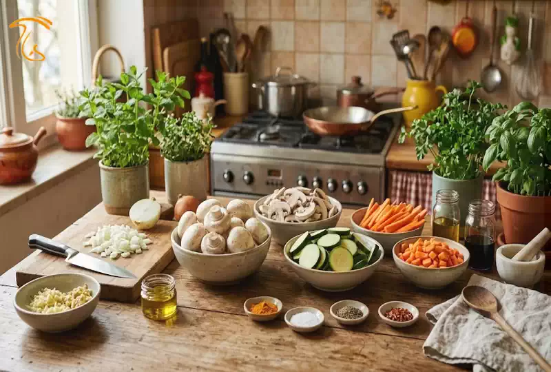 چیدمان مواد اولیه خوراک قارچ شامل قارچ دکمهای، کدو و هویج