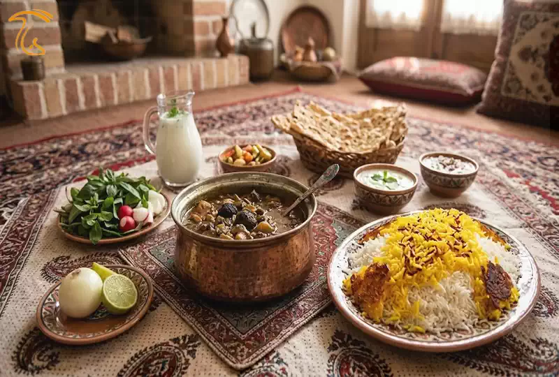 سرو خورشت دنبلان کوهی با برنج زعفرانی ایرانی و مخلفات سنتی روی سفره ایرانی