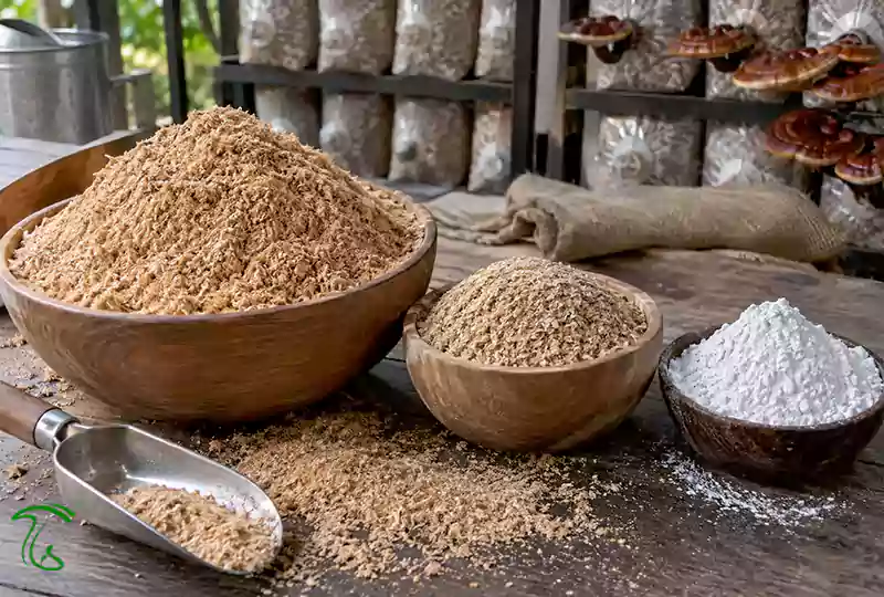 مواد اولیه بستر کشت گانودرما شامل خاکاره، سبوس و گچ