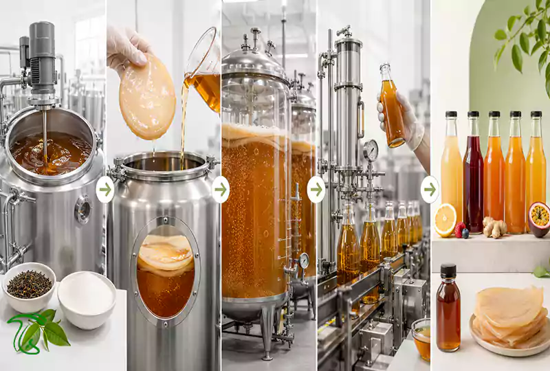 مراحل فرآوری صنعتی کامبوچا از چای شیرین و SCOBY تا نوشیدنی و محصولات نهایی